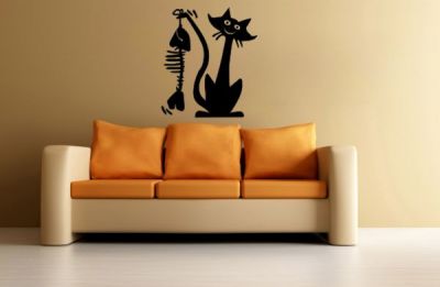 Balık Tutmuş Kedi Duvar Stickeri